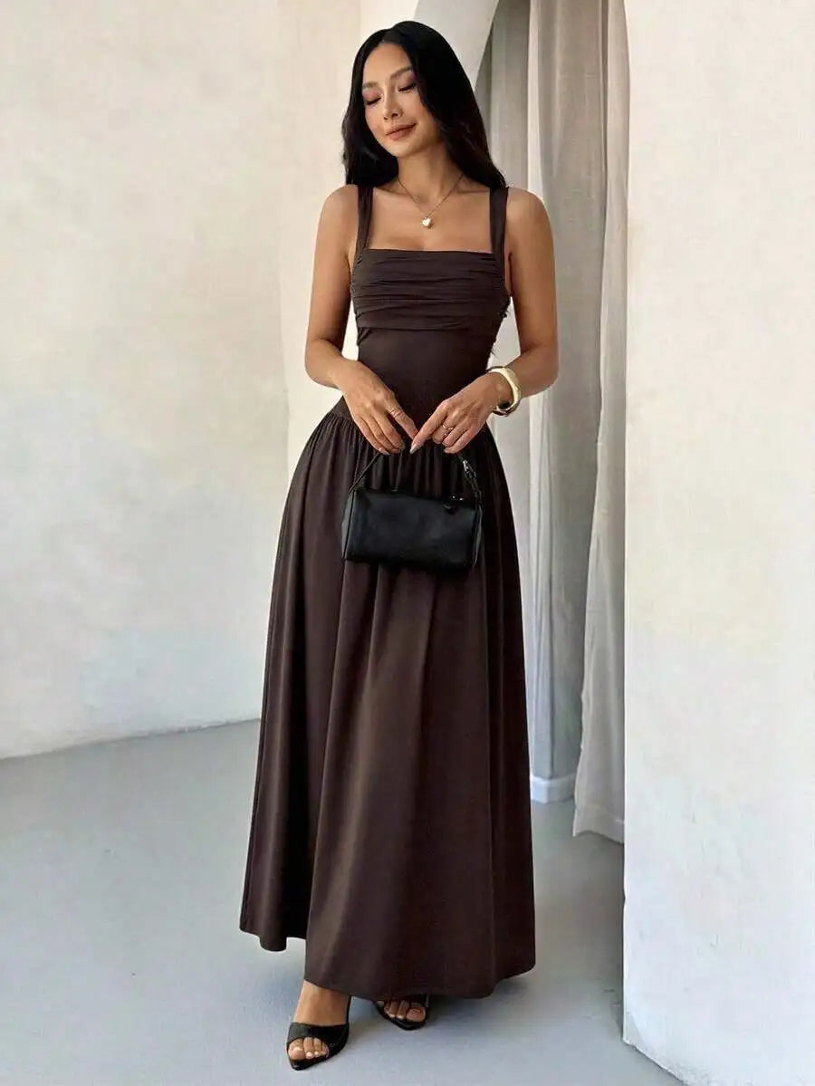 Womens Elegant White Square Collar Sleeveless Maxi Dress With Shirred Body