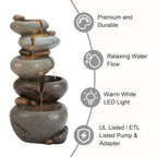 5-Tier Stacked Pebble Outdoor Water Feature with LED Lights and Pump, 24.5 Zen-Style Polyresin Fountain for Garden, Patio, Yard