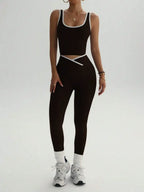 Women's High-Waisted Yoga & Fitness Set - Colorblocked Athletic Top And Leggings, Stretchy Polyester Blend, Perfect For Running