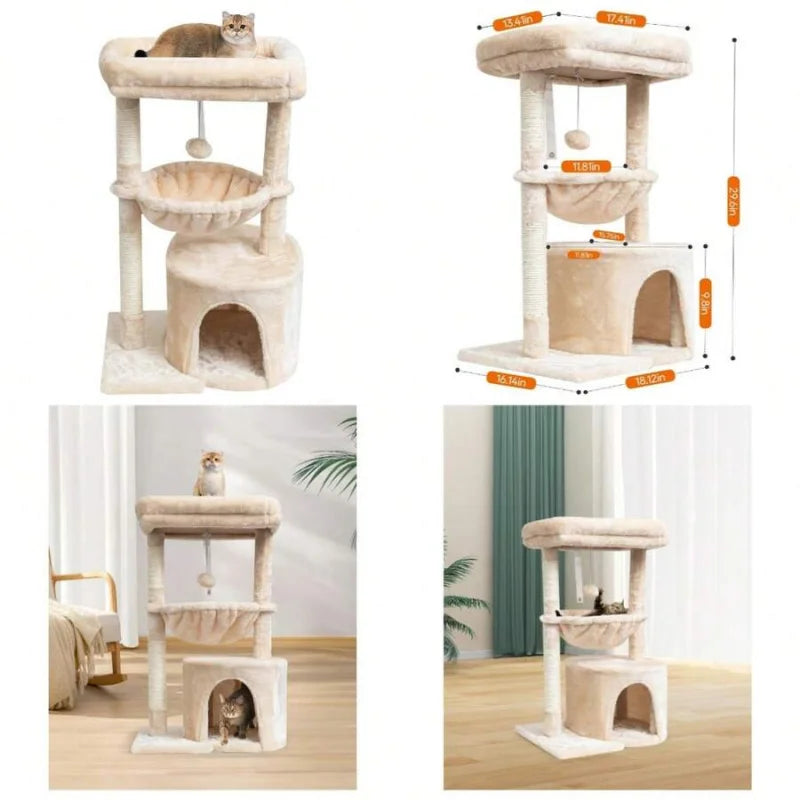 Small Cat Tree For Indoor Cats, Kittens Condo With Scratching Post And Board, Modern Activity Tower With Cradle, Beige