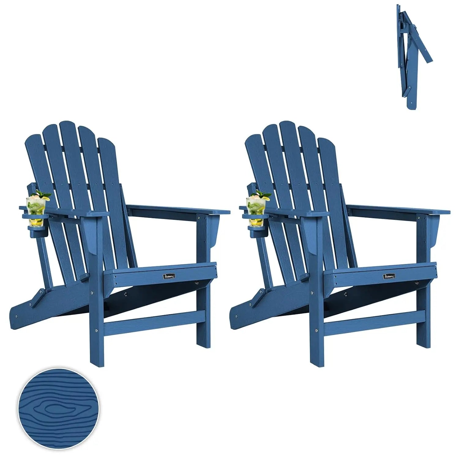 Folding Adirondack Chairs Set of 2, All Weather HDPE Wood Texture Fire Pit Chairs with Cup Holder for Outdoor, Customized
