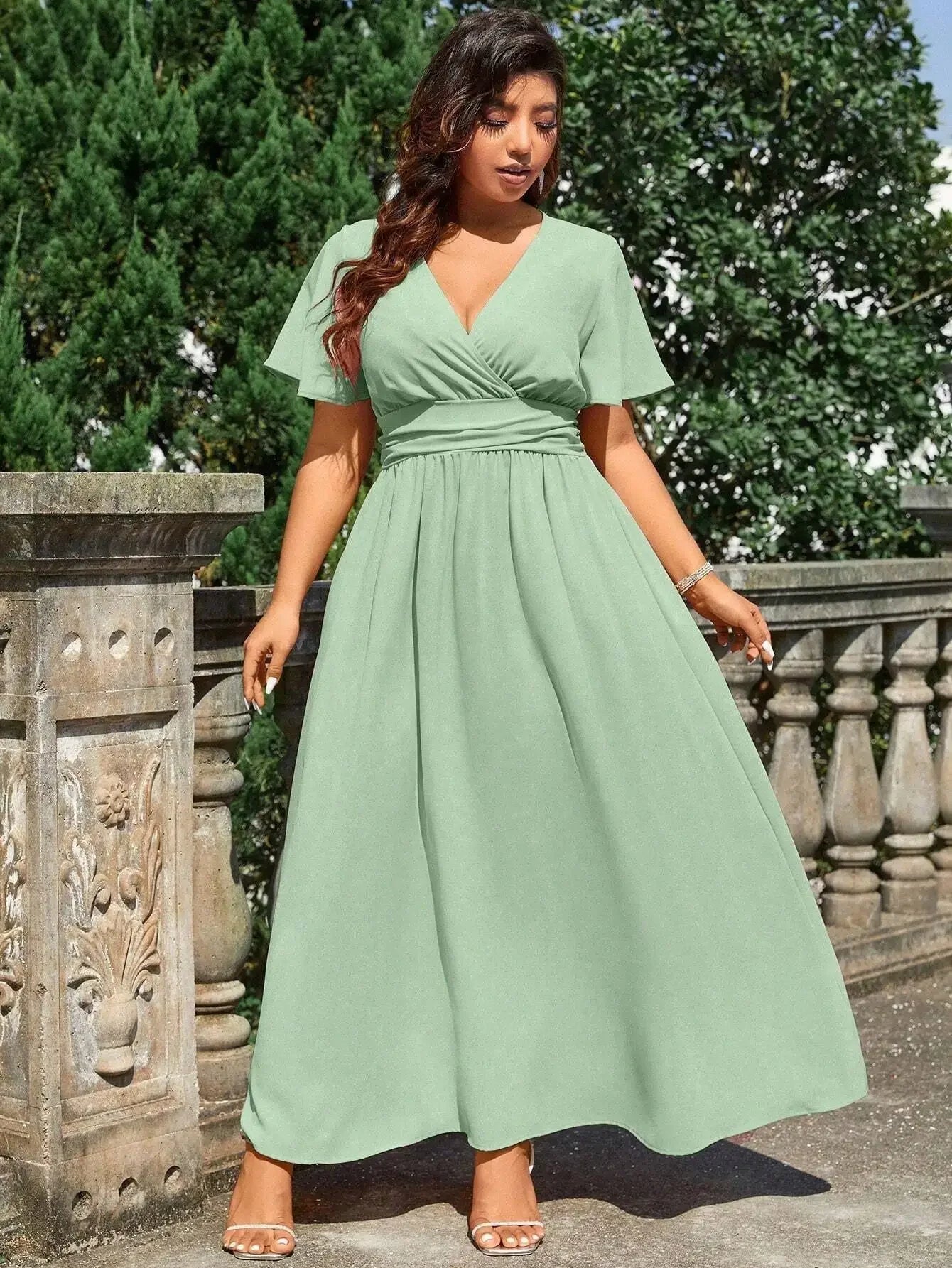 Plus Size Solid Color Wrap V-Neck Maxi Dress For Wedding Formal Occasion