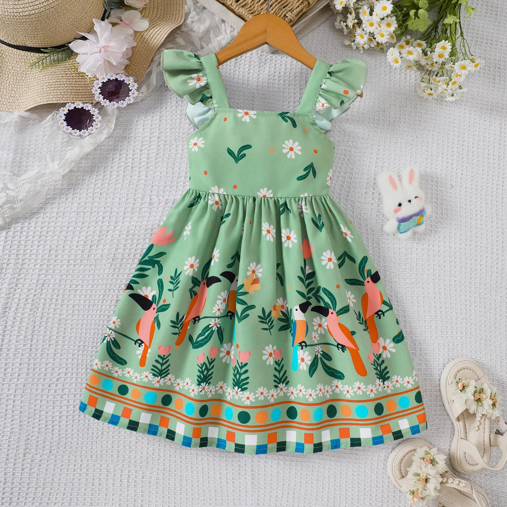Girls Summer Style Small Fly Sleeve Plant Print Dress Casual Cute Floral A-Line