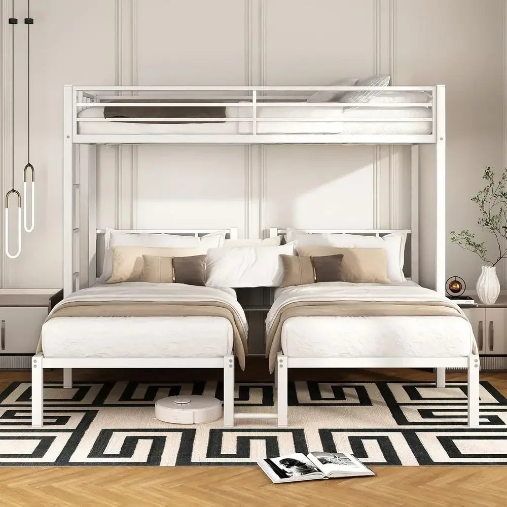 Sturdy Triple Bunk Bed - 3 Twin Beds with Railings & Ladder, Metal Frame, Suitable for Teens & Adults, White