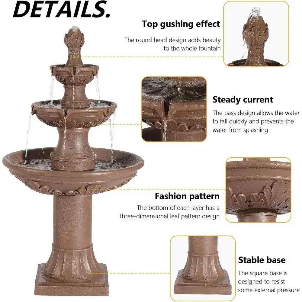 3-Tier Outdoor Waterfall Fountain with Pump and Leaf Carving for Garden, Patio, or Backyard (Brown)