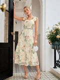Womens Summer Lace Floral Print Spaghetti Strap Elegant Midi Dress For Party Wedding Guest