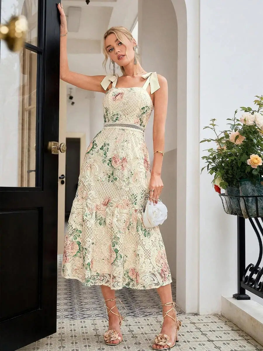 Womens Summer Lace Floral Print Spaghetti Strap Elegant Midi Dress For Party Wedding Guest