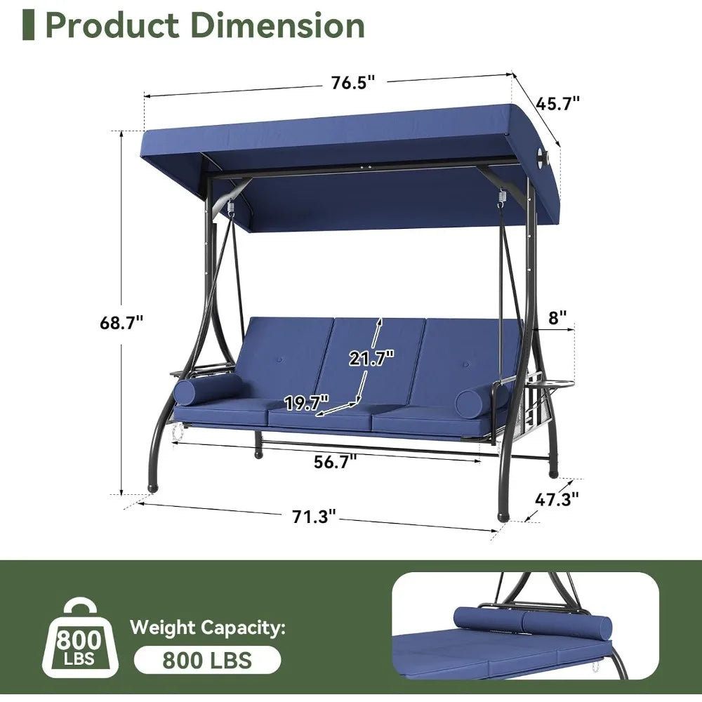 3-Seat Convertible Swing Bed with Cushions, Suitable for Outdoor Spaces, Blue