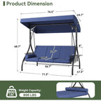 3-Seat Convertible Swing Bed with Cushions, Suitable for Outdoor Spaces, Blue