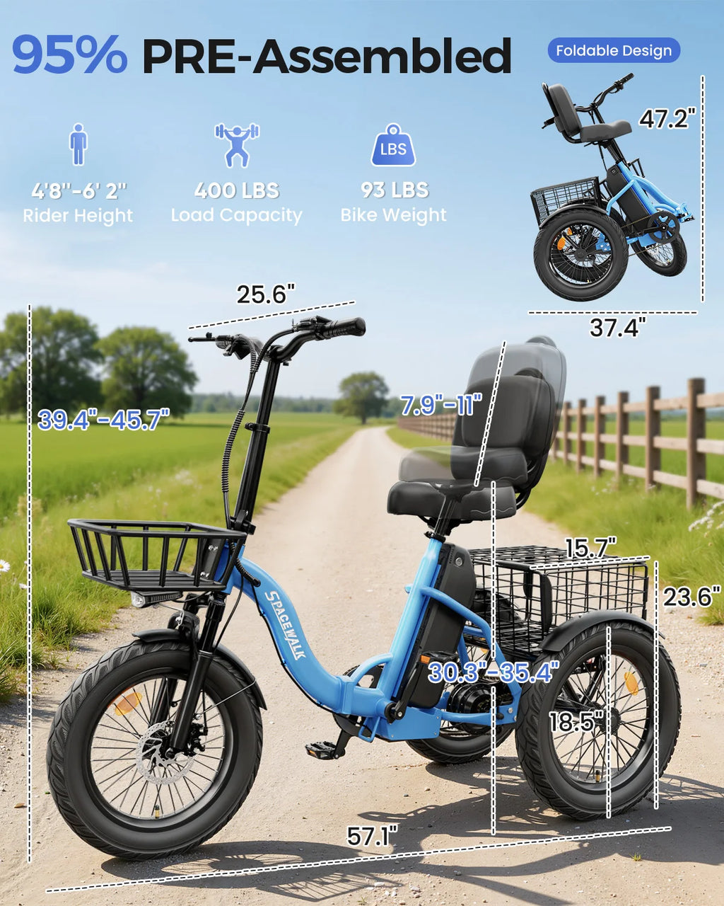 Spacewalk Electric Tricycle for Adults, Folding Trike Bike for Adults | 748.8Wh Removable Battery, Peak 1200W Motor, 18*3.0 Fat Tire, Step-Thru Electric Tricycle, Up to 60 Miles, 18MPH