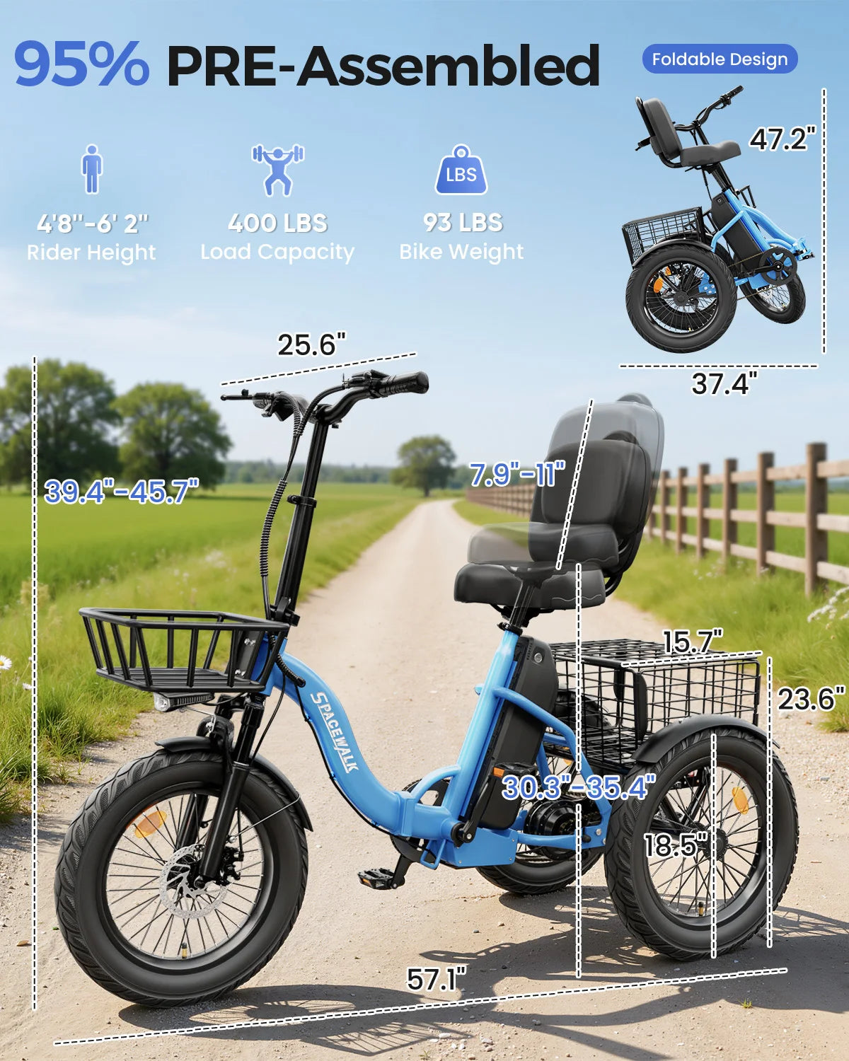 Spacewalk Electric Tricycle for Adults, Folding Trike Bike for Adults | 748.8Wh Removable Battery, Peak 1200W Motor, 18*3.0 Fat Tire, Step-Thru Electric Tricycle, Up to 60 Miles, 18MPH
