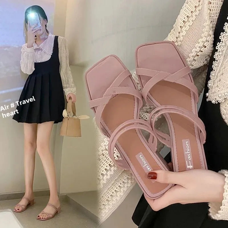 2022 New Fashionable Women's Sandals Slip-On Summer Thick Heel Slope Heel Shoes Two-Way Beachside Half Slippers PVC Material