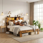 Portable Queen Size Bed Frame with Storage Headboard Platform Bed Frame with Charging Station LED Light Easy Assembly No Box