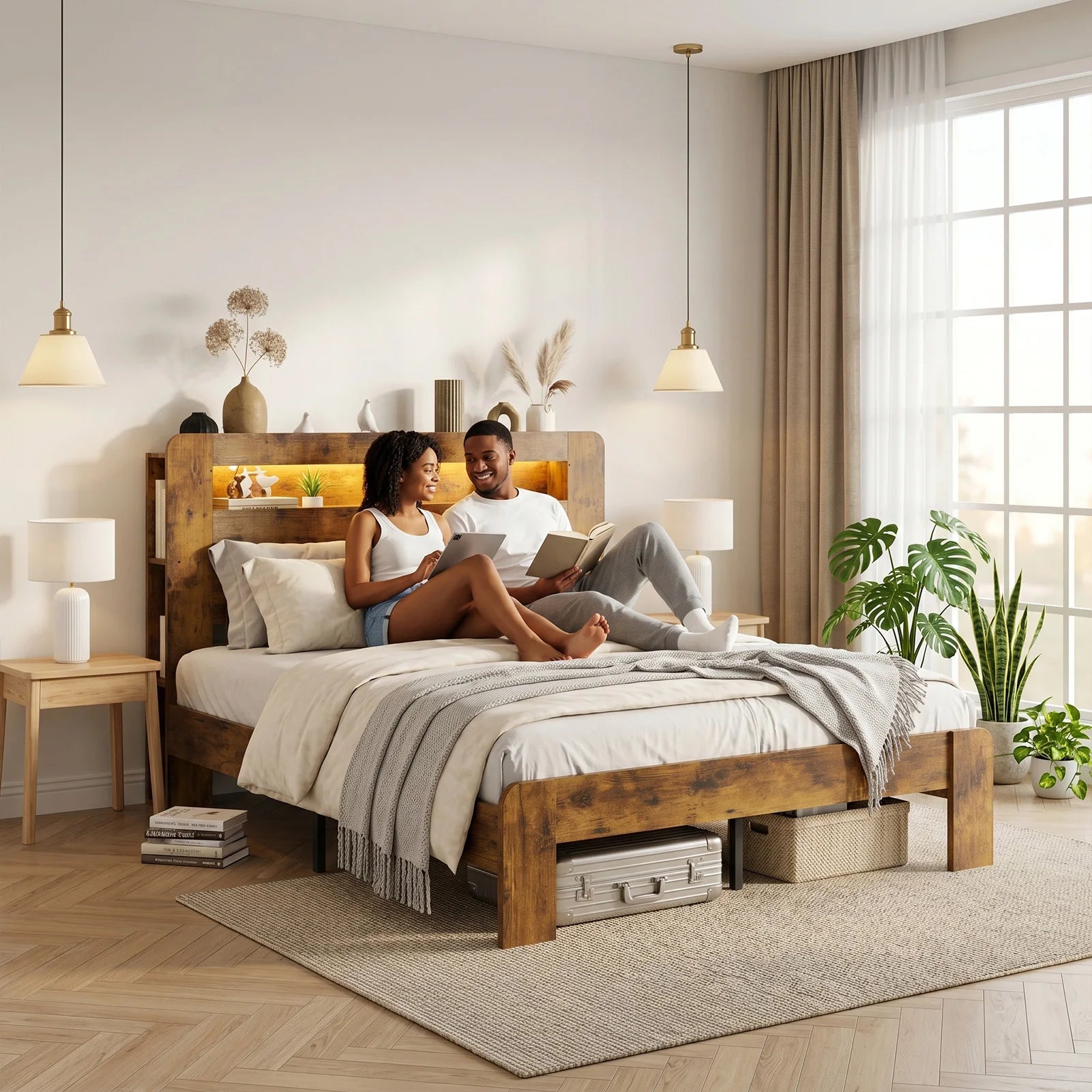 Portable Queen Size Bed Frame with Storage Headboard Platform Bed Frame with Charging Station LED Light Easy Assembly No Box