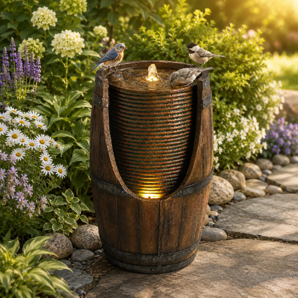Outdoor Barrel Water Fountain with Lights Rustic Wood Look Resin Handmade Waterfall Garden Decor for Patio Yard Porch