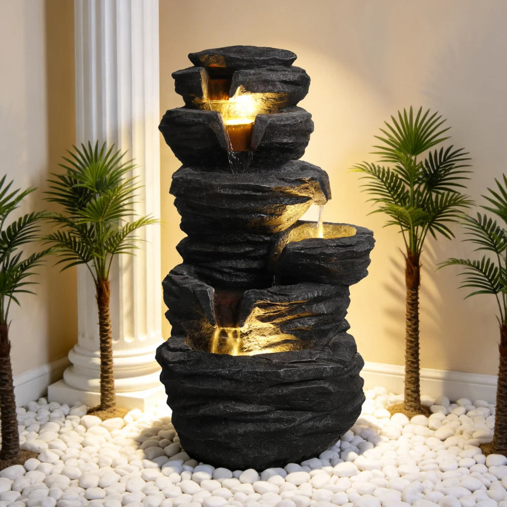 Outdoor Rock Water Fountain with Lights Multi Tier Cascading Waterfall Resin Garden Fountain for Patio Yard Porch Landscape