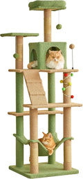 Indoor Cat Tree - 63.8 Inches, Green, Sisal-Covered, with Padded Platform, Hammock and Dangling Toys