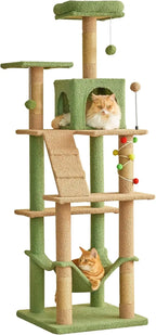 Indoor Cat Tree - 63.8 Inches, Green, Sisal-Covered, with Padded Platform, Hammock and Dangling Toys
