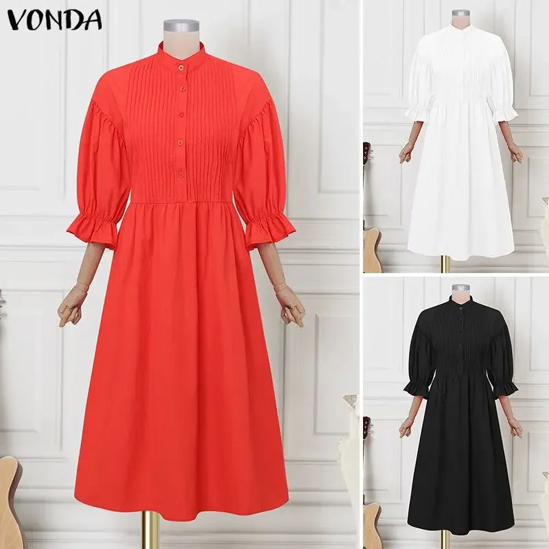Plus Size 5XL VONDA Elegant Party Wedding Dress Women Autumn 3/4 Lantern Sleeve Pleated Maxi Sundress Casual Fashion Long Robe