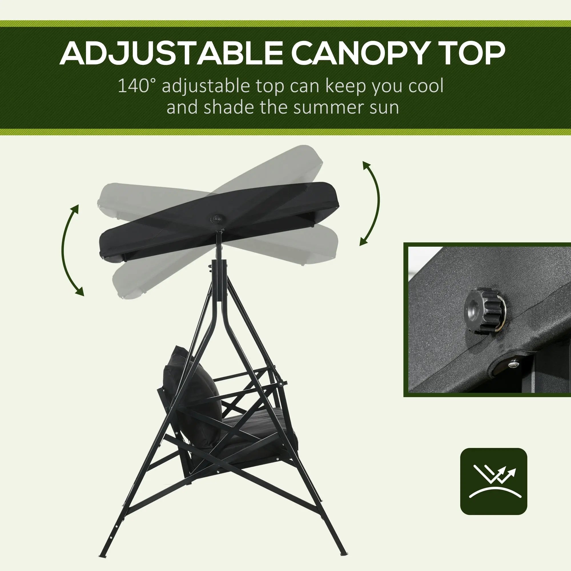 3-Seat Porch Swing Outdoor Swing Adjustable Canopy Cushion Black