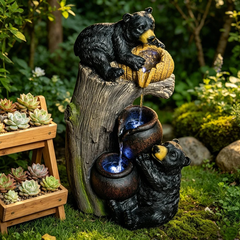 Bear Outdoor Water Fountain with LED Lights Cascading Fountains Outdoor for Patio Yard Balcony 23.62'' Garden Fountains Outdoor and Outdoor Water Fountain Decor