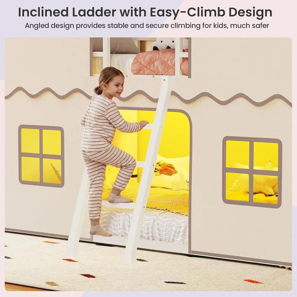 Twin Over Twin Bunk Bed with Play Curtain, LED Lights, Metal Frame, Inclined Ladder, Guardrail, Space-Saving, No Box Spring Need