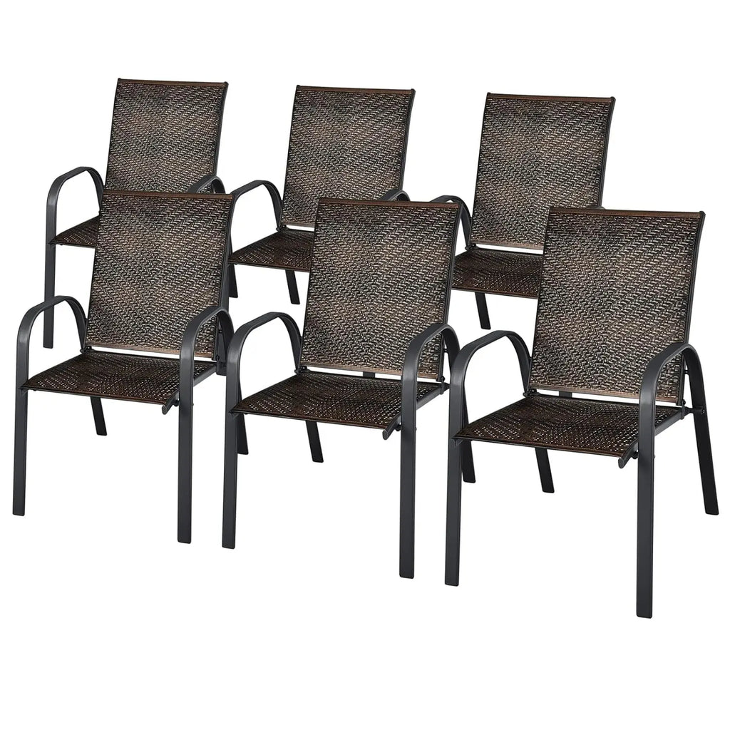 6 Pack Stackable Dining Chairs Outdoor PE Wicker Patio Arm Chairs with Rustproof Steel Frame, Bistro Deck Chairs, Customized
