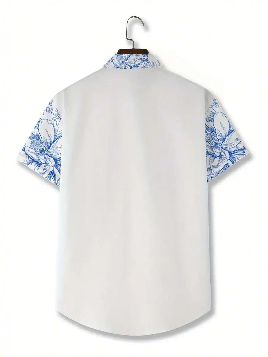 Mens White Hawaiian Shirt With Blue Floral Print Casual Short Sleeve Summer Beach Shirt
