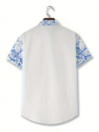 Mens White Hawaiian Shirt With Blue Floral Print Casual Short Sleeve Summer Beach Shirt
