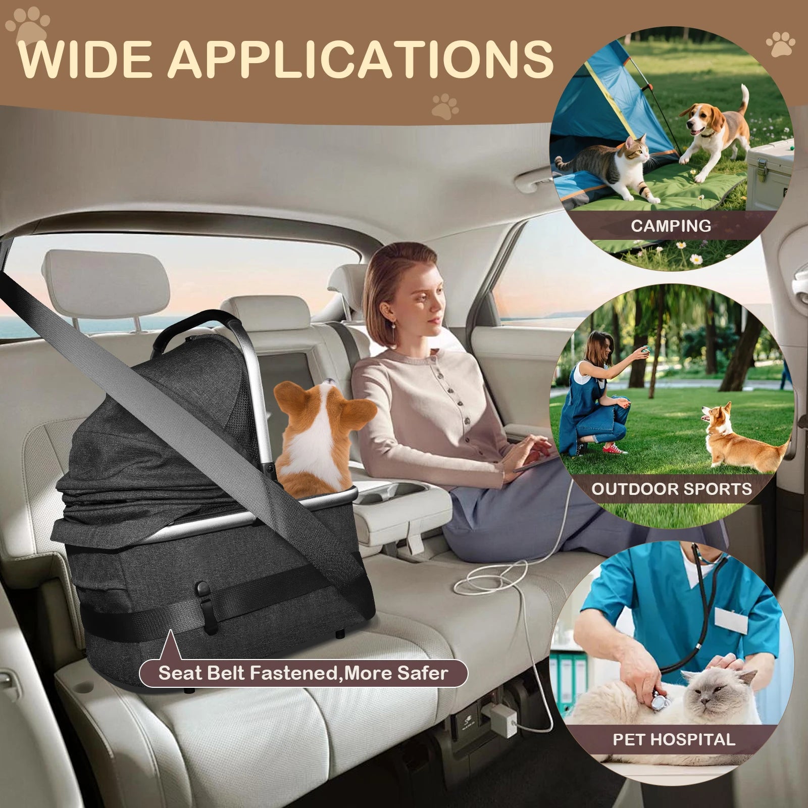 Portable Lightweight Pet Stroller for Medium Dogs - Smooth-Ride 3-in-1 Car Seat Combo with Detachable Carrier Rubber Wheels Quick-Folding for Seniors Cats up to 50 Lbs