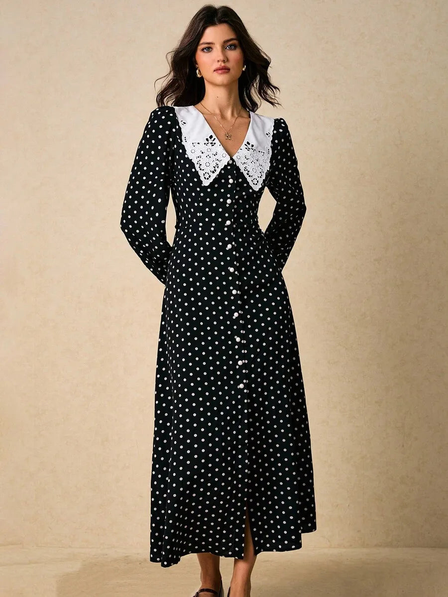 Womens Black White Polka Dot Button Front Midi Dress Lace Peter Pan Collar Long Sleeve Vintage Tea Party Dress