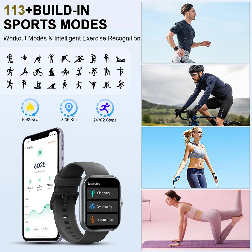 Smart Watch(Answer/Make Calls), 1.96" Smartwatches, Fitness Tracker, Sleep Monitor, Pedometer, 100+ Sport Modes, IP68 Waterproof