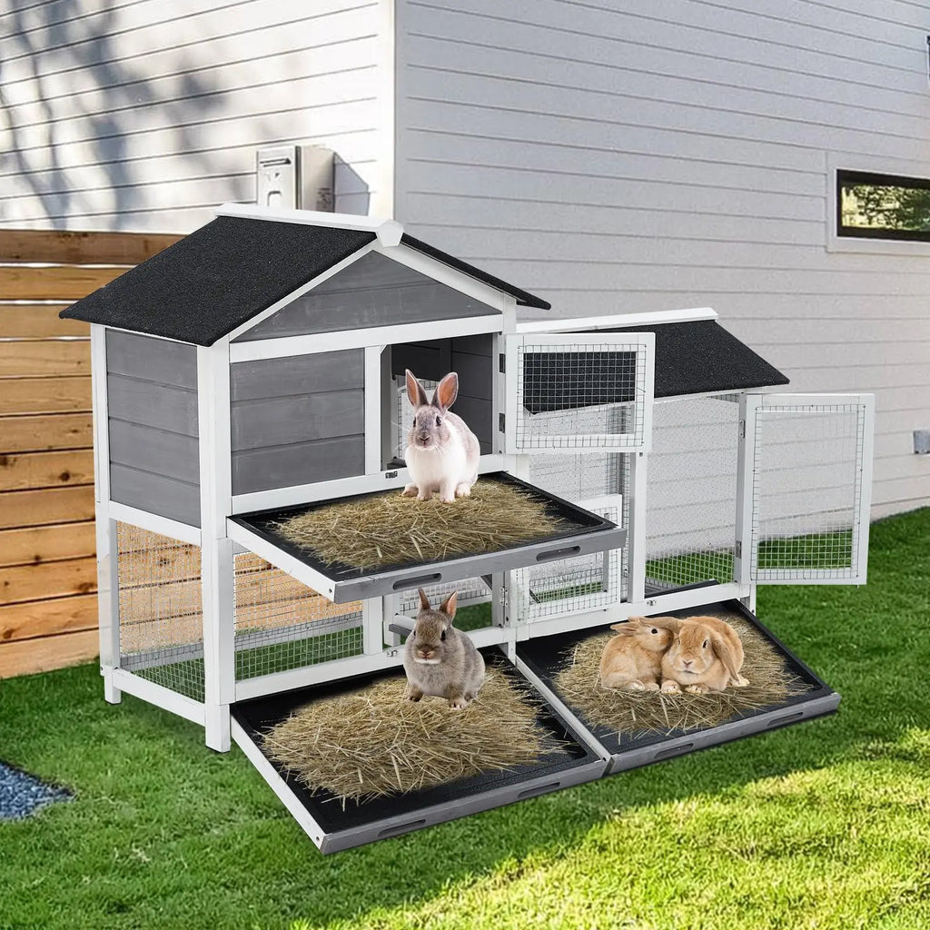 58'' Bunny Hutch Indoor Bunny Cage, with 3 Leak-Proof Removable Trays, Wooden Waterproof Roof Rabbit Hutch Indoor/Outdoor, 2-Tier Bunny House/Chicken Coop, Gray and Black