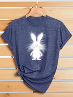 Women Fluffy White Bunny Rabbit Graphic T Shirt Cute Cartoon Animal Easter Spring Short Sleeve Crew Neck Heather Pink Casual Tee Tops