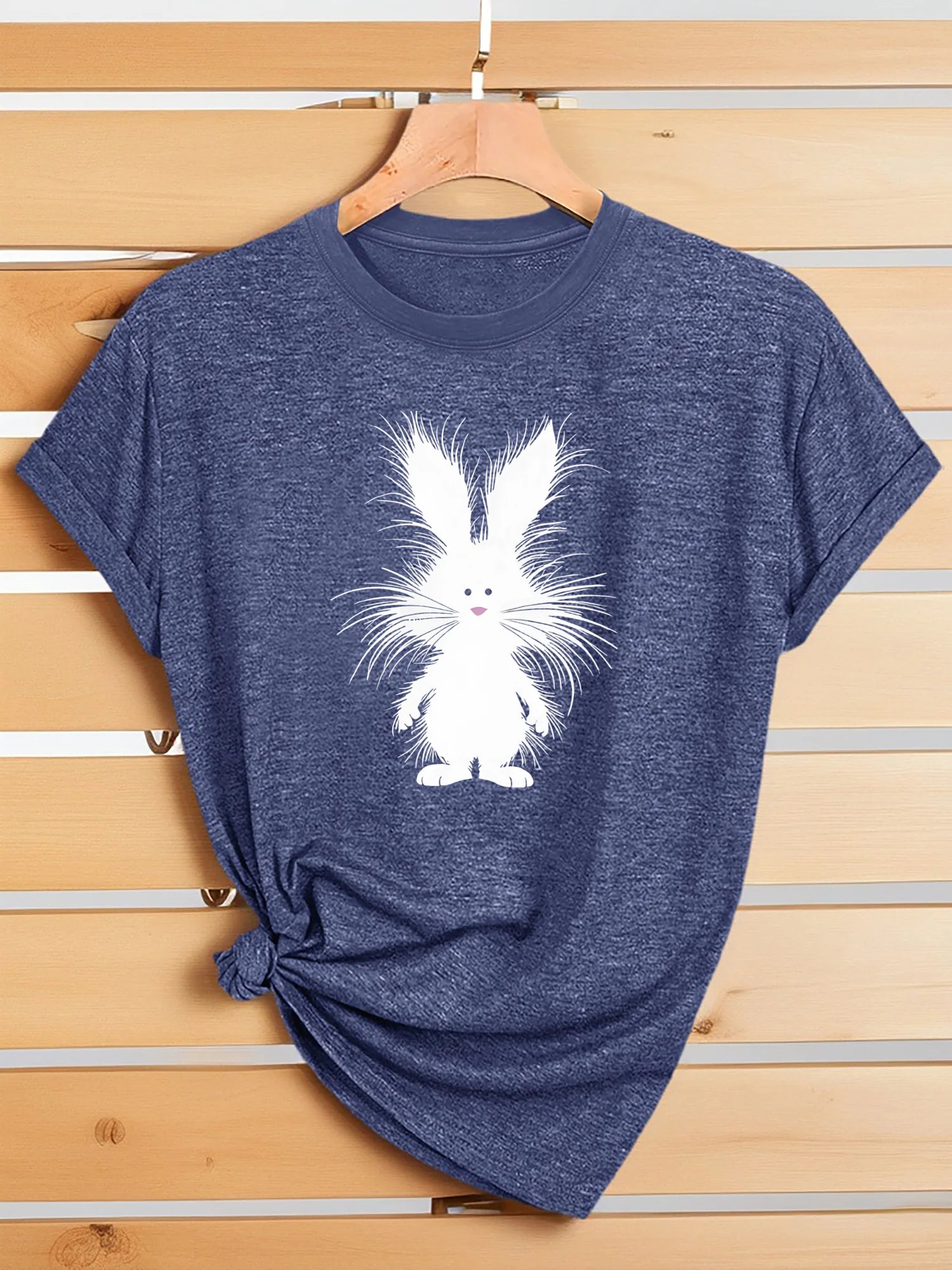 Women Fluffy White Bunny Rabbit Graphic T Shirt Cute Cartoon Animal Easter Spring Short Sleeve Crew Neck Heather Pink Casual Tee Tops