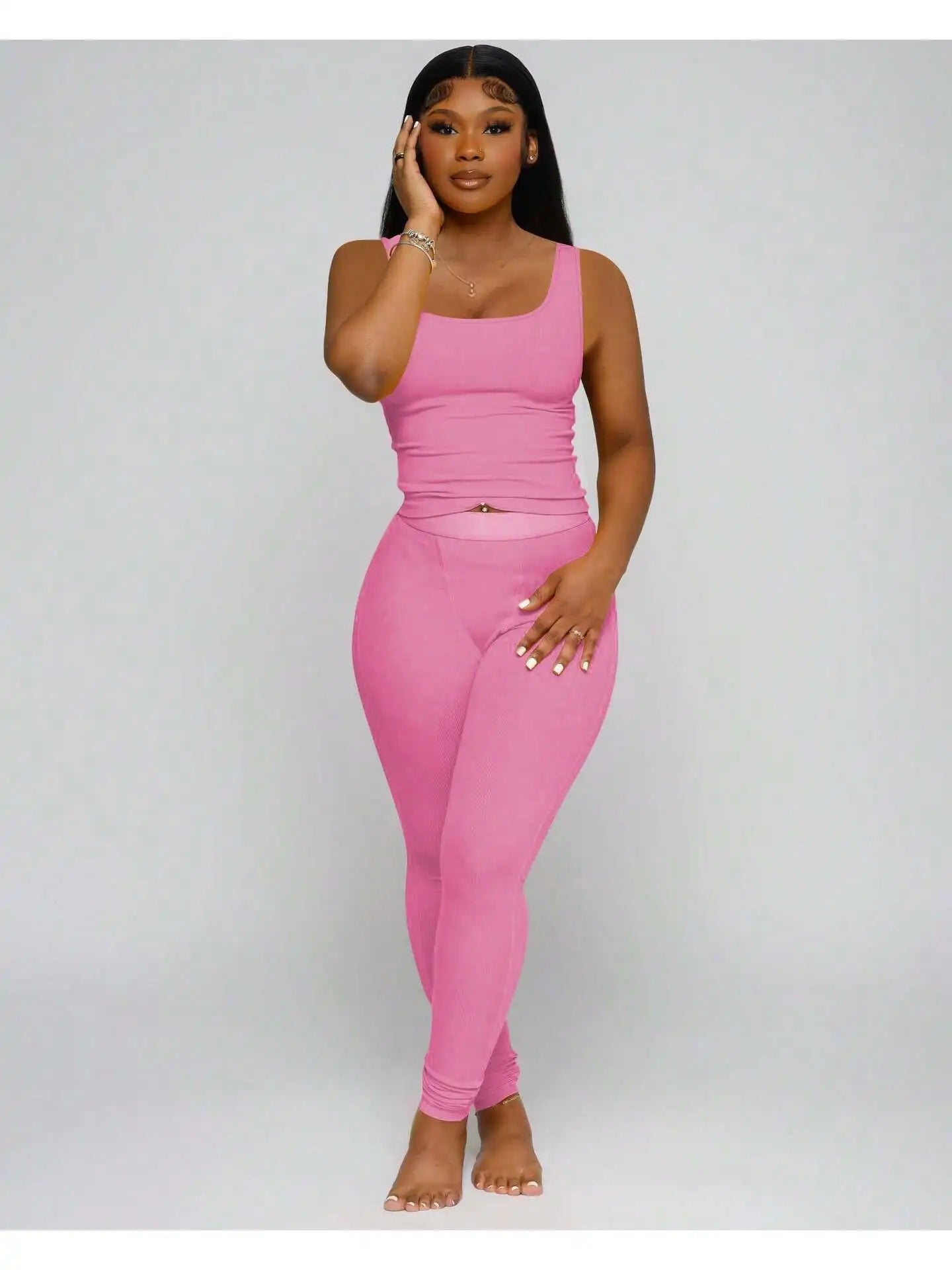 Women 2-Piece Activewear Set, ribbed crop tank top matched with high waist yoga leggings. Stretchy and skin-friendly fabric, snug fit, perfect for workout, yoga, gym training and daily casual leisure wear all day round