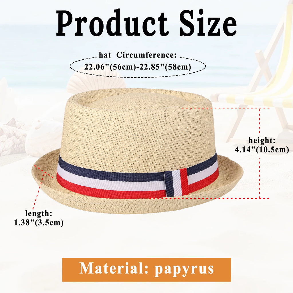 Red, white, and blue striped straw hat with rolled brim and decorative ribbon; retro casual jazz hat; unisex summer sun hat.
