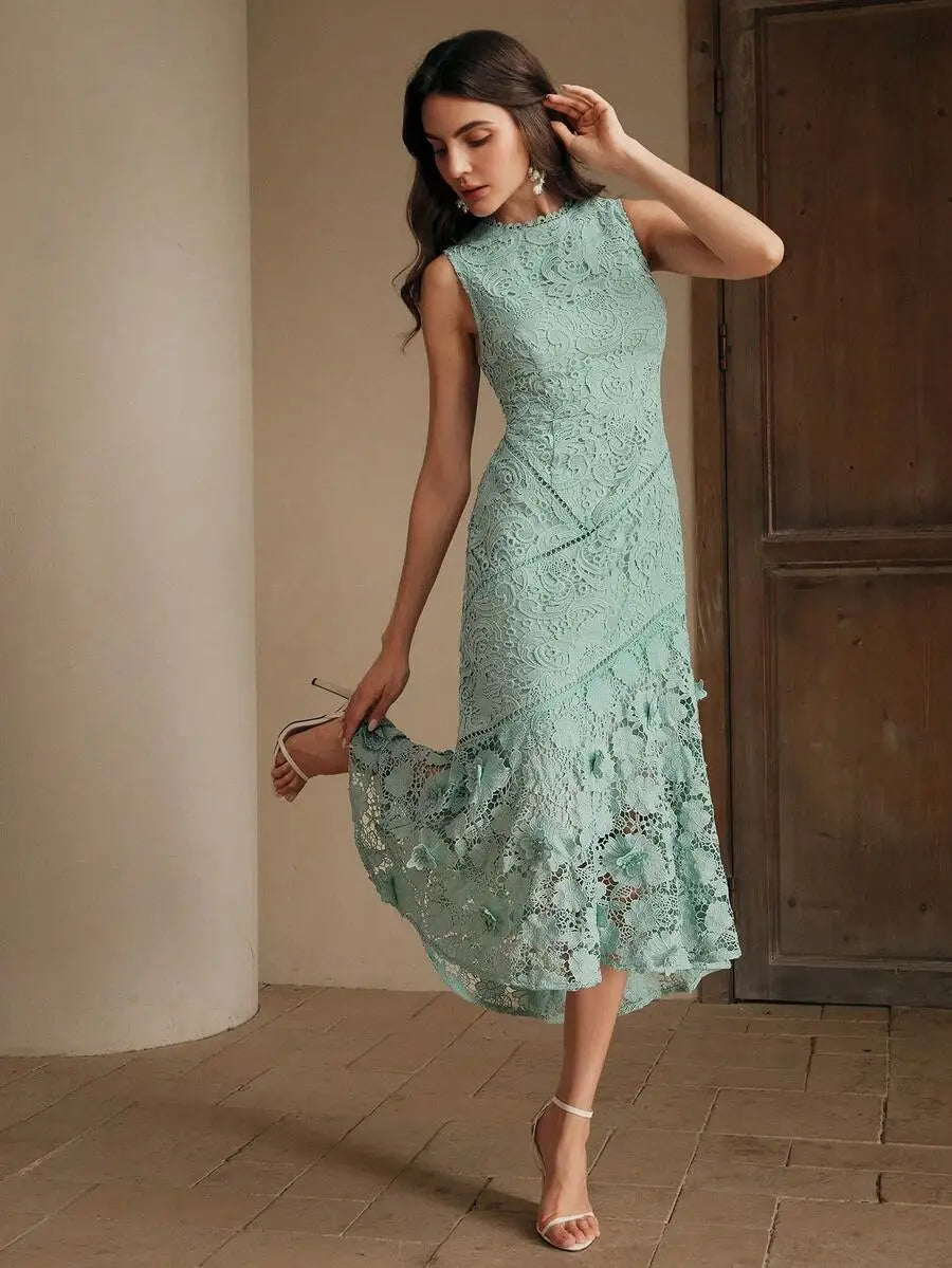 Womens Elegant Round Neck Lace Hollow-Out Patchwork Midi Dress Spring Summer