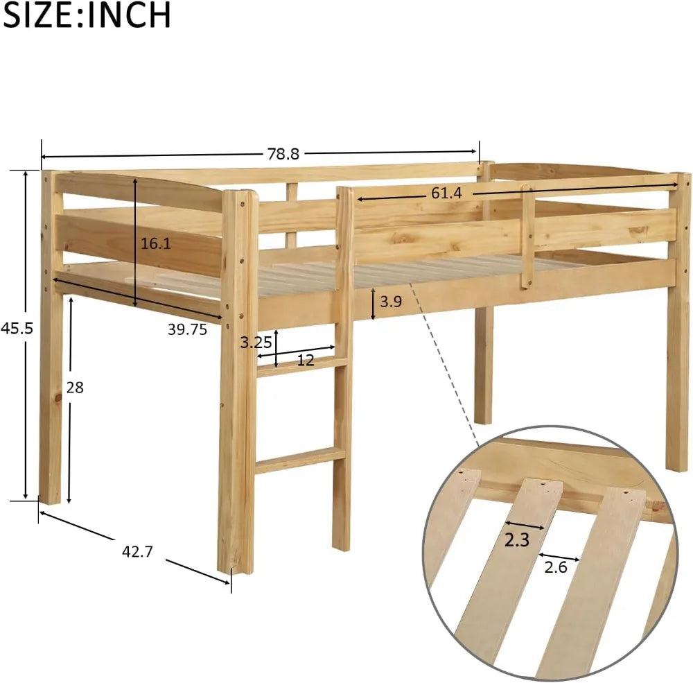 Twin Size Wood Low Loft Bed Frame with Full Length Guardrails