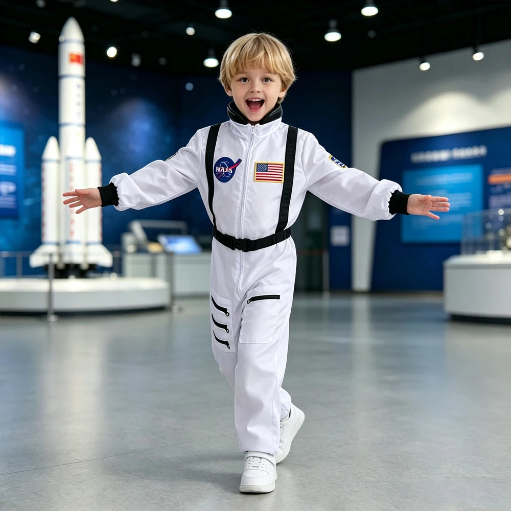 New Children White Black Trim Astronaut Costume Replica Flight Jumpsuit Unisex Kid Spaceman Uniform Halloween Cosplay Outfit