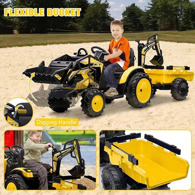 24V 3-in-1 Ride-On Tractor with Excavator & Bulldozer Modes — Kids Electric Construction Vehicle with Trailer, Digger, Shovel Bucket, Parent Remote Control, LED Lights, Music & USB, Battery