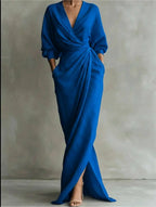 Women V-Neck Solid Cotton Maxi Dress With Draped Detail