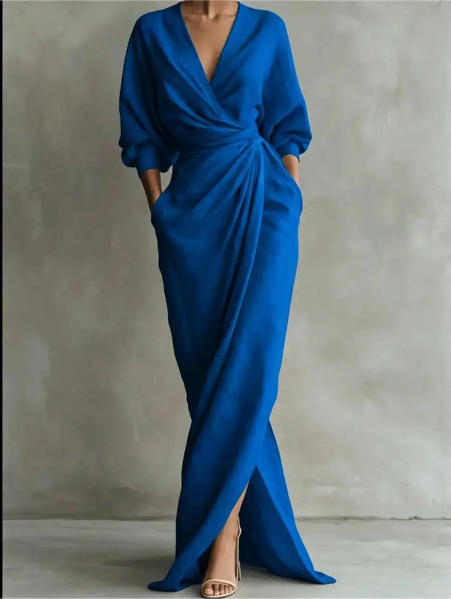 Women V-Neck Solid Cotton Maxi Dress With Draped Detail