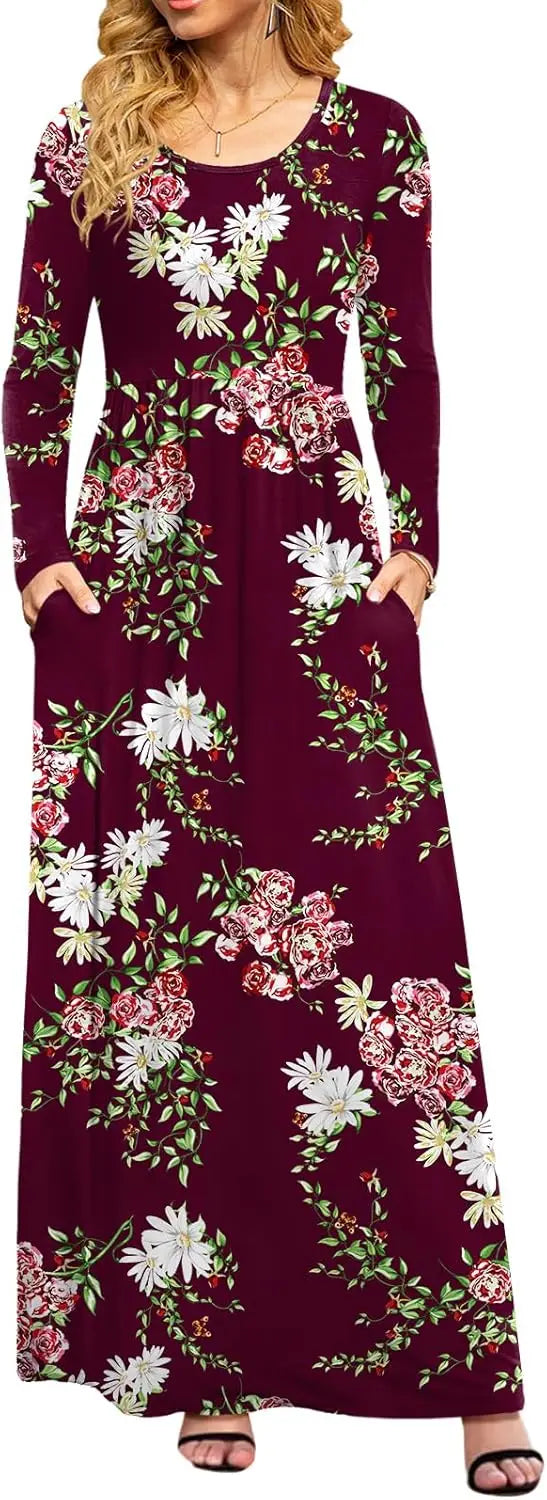 Women Casual Long Sleeve Maxi Dresses Empire Waist Long Dress with Pockets