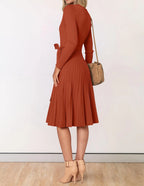 Womens Long Sleeve Wrap V Neck Ribbed Knit Pleated A-Line Sweater Dress With Belt