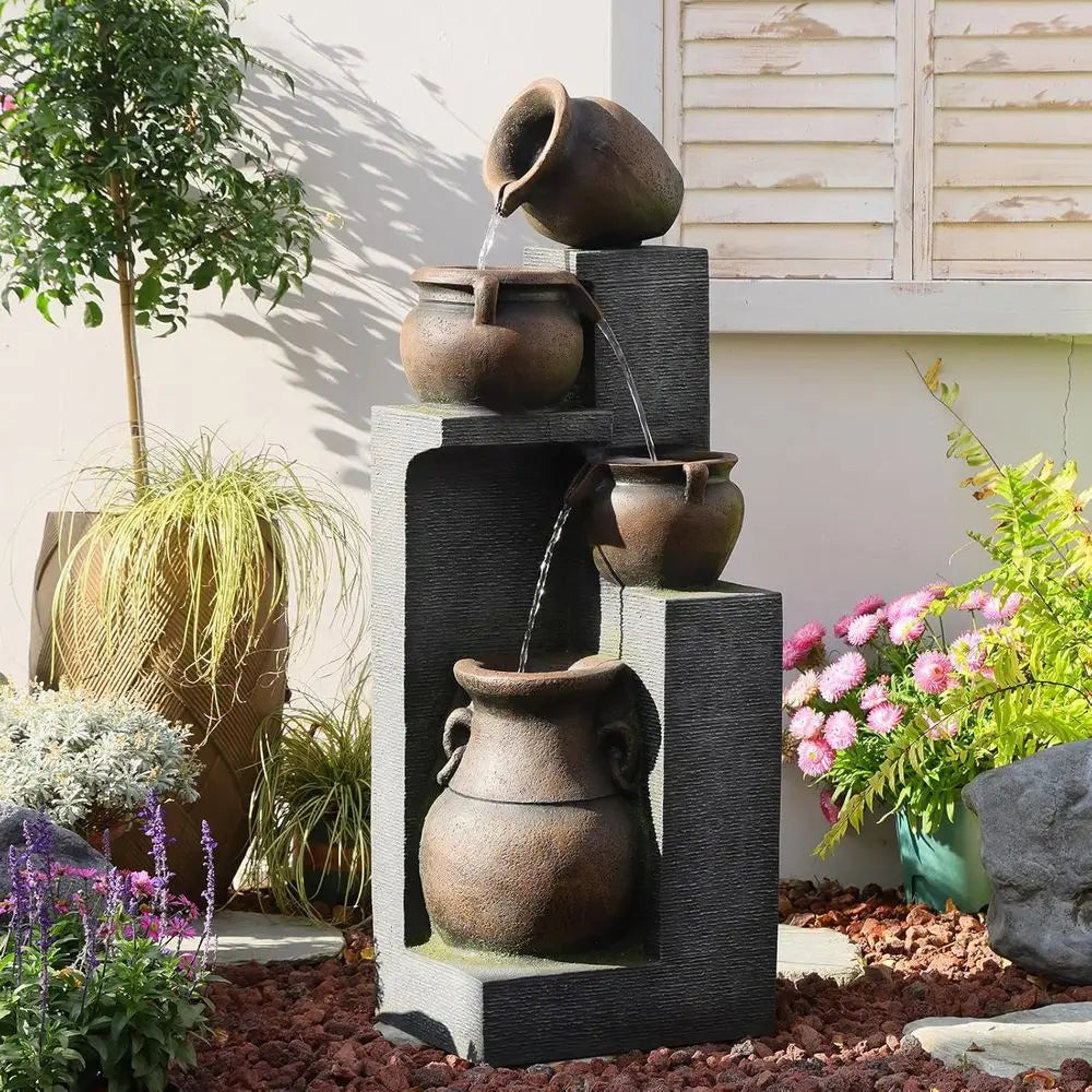 4-Tier Cascading Bowl Outdoor Water Fountain with Lights for Garden, Patio, Backyard, and Home Decor