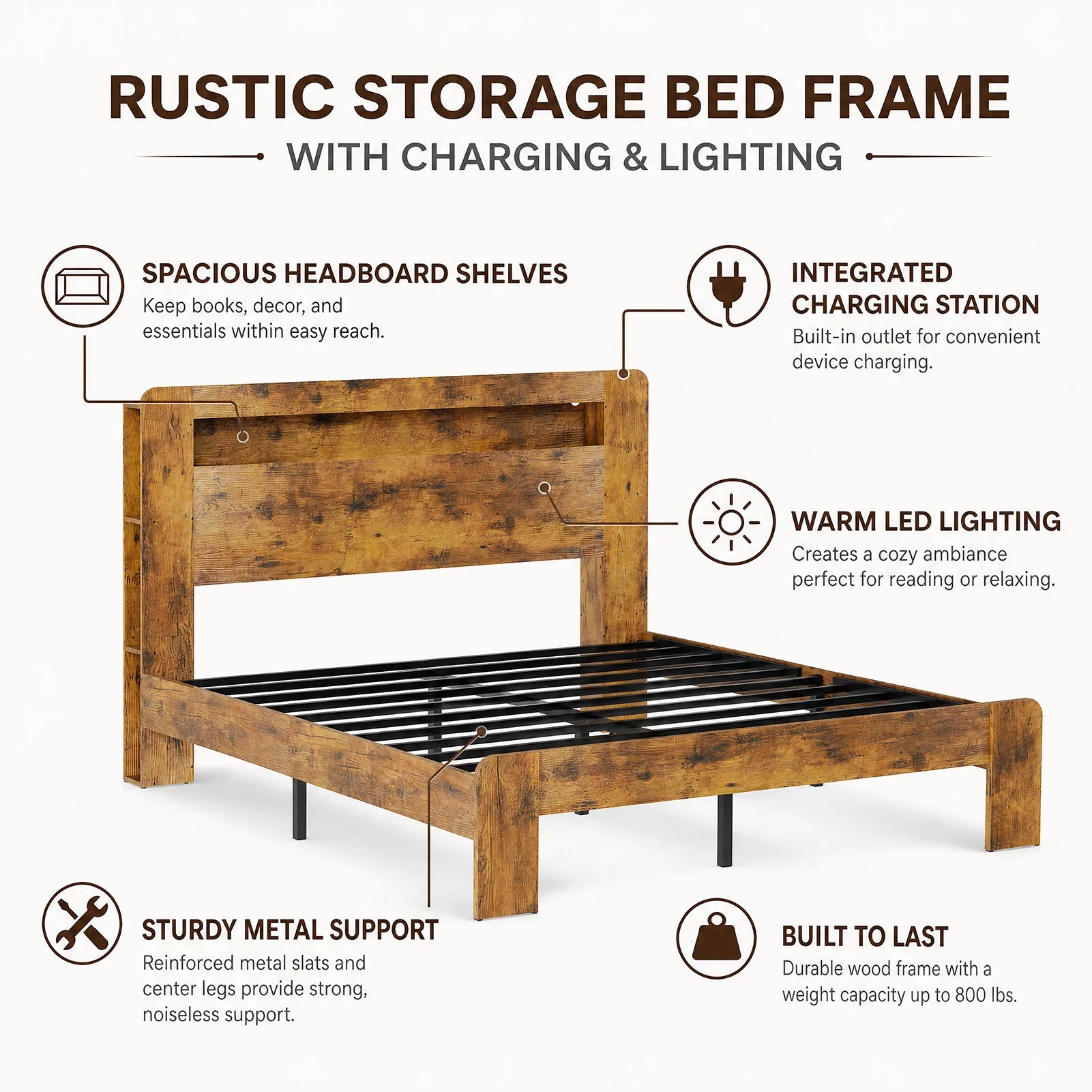 US Queen Size Bed Frame with Storage Headboard Platform Bed Frame with Charging Station LED Light Easy Assembly No Box Spring