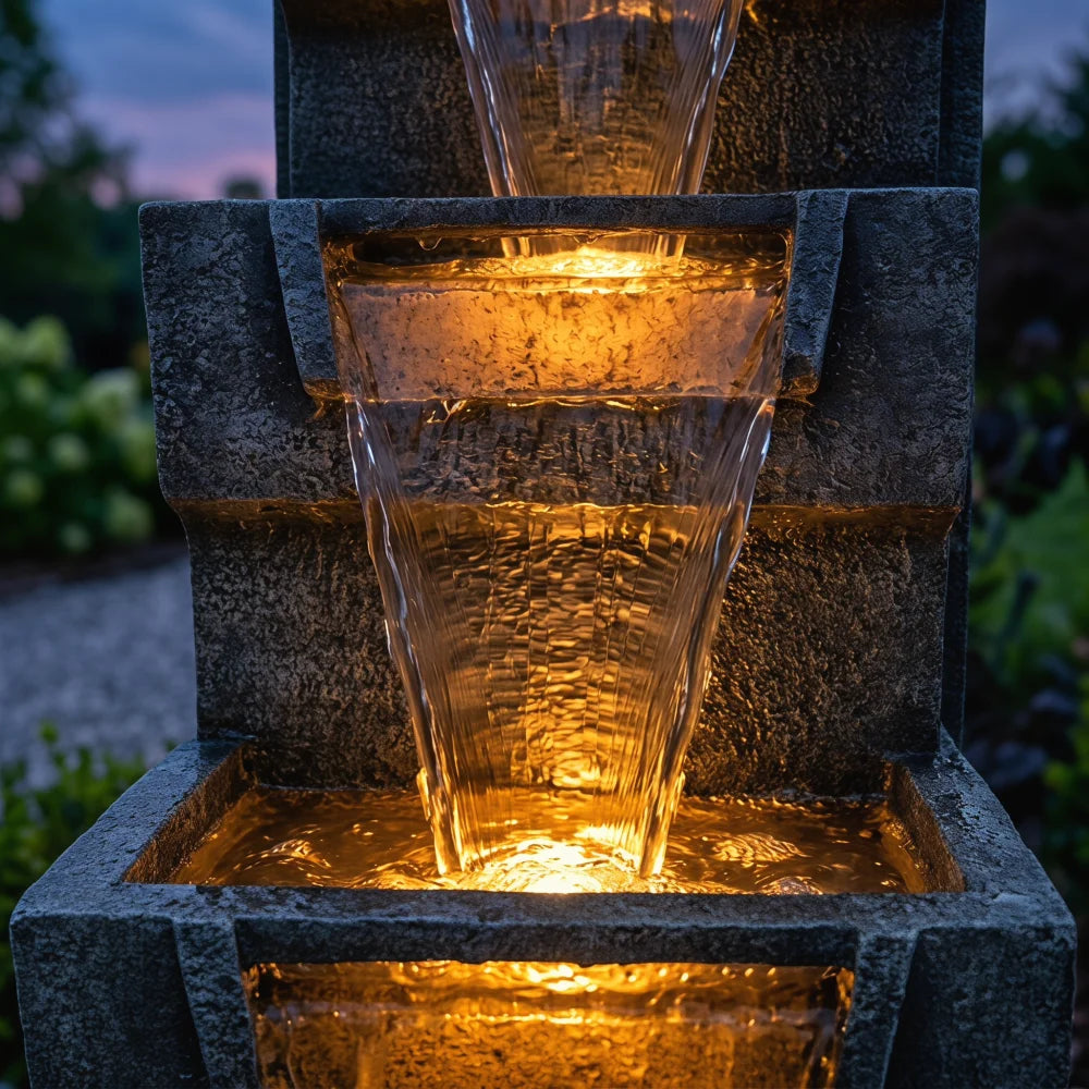 39.4" Outdoor Water Fountain, Tall 4-Tier Cascading Waterfall Fountain with Warm LED Lights, Stone-Look Resin Water Feature with Quiet Pump for Patio Garden Porch Entryway Backyard Decor