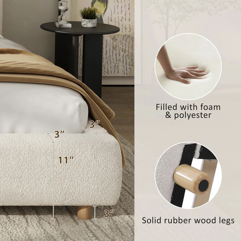 White King Size Upholstered Bed with Curved Headboard and Solid Wood Legs