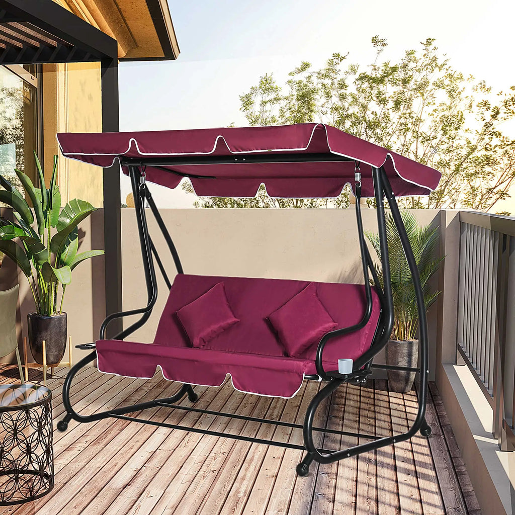 Outdoor 3-Person Patio Porch Swing Hammock Bench with Adjustable Canopy, Red